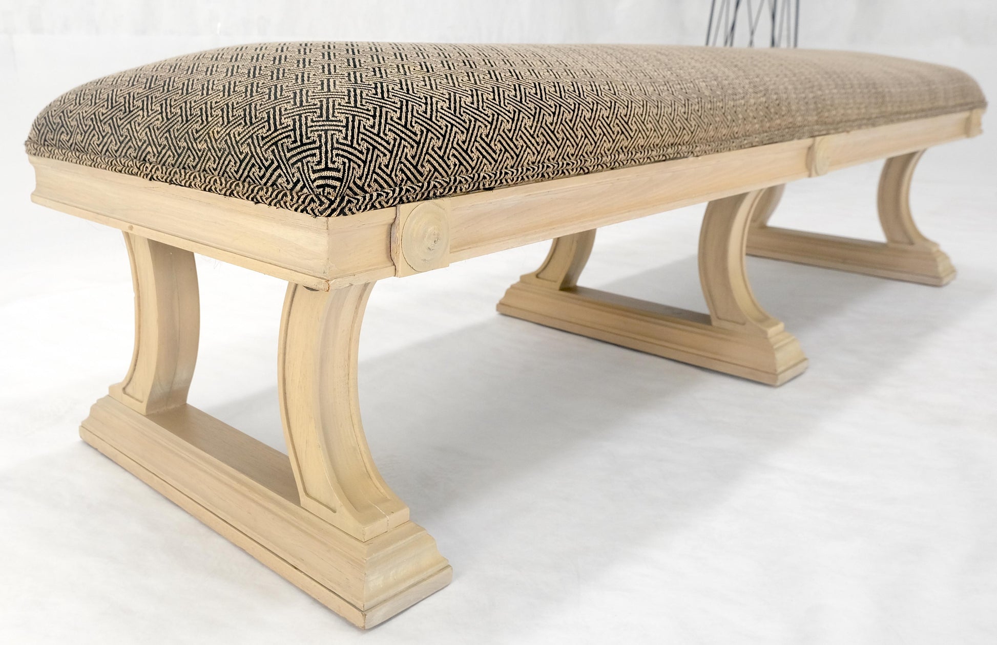 EstablishedLines Bleached Carved Mahogany Tripple Pedestals Base Upholstered Seat Bench MINT!