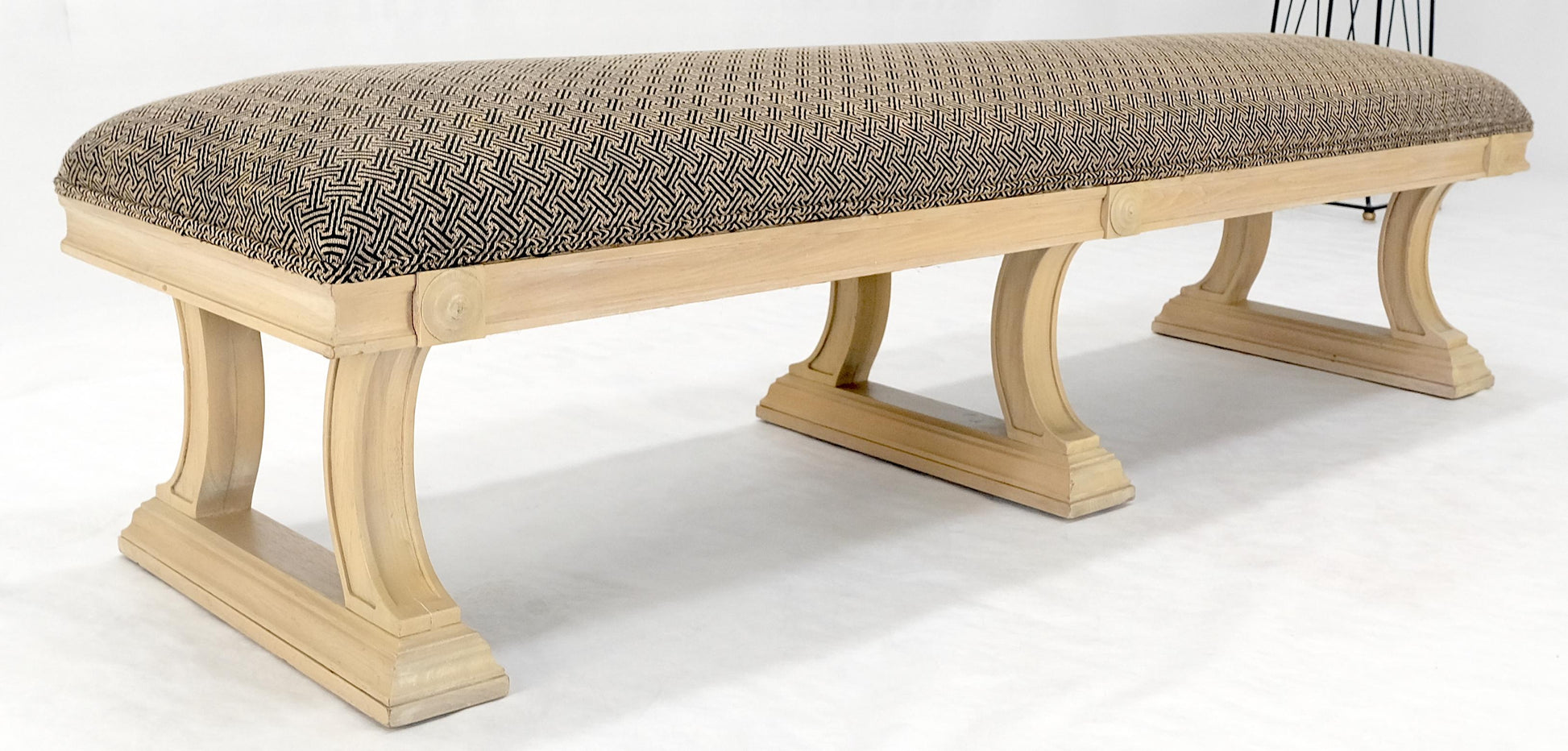 EstablishedLines Bleached Carved Mahogany Tripple Pedestals Base Upholstered Seat Bench MINT!