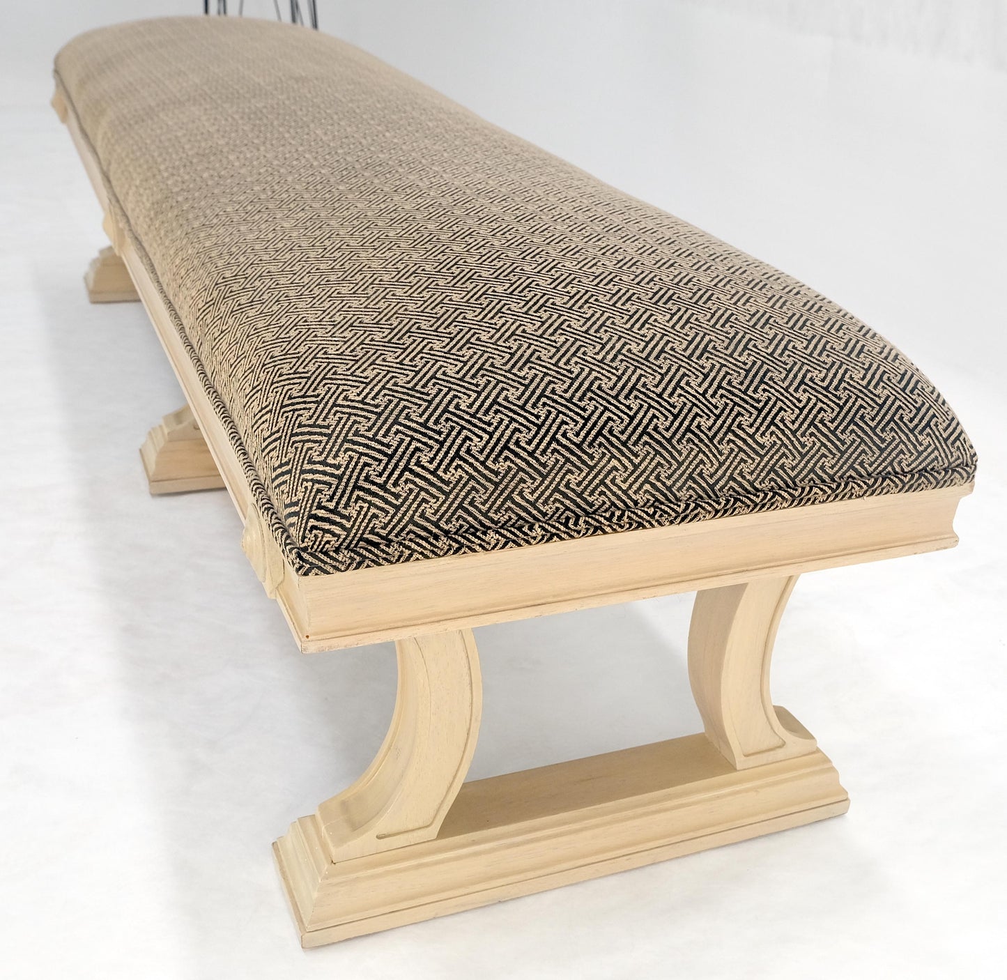 EstablishedLines Bleached Carved Mahogany Tripple Pedestals Base Upholstered Seat Bench MINT!
