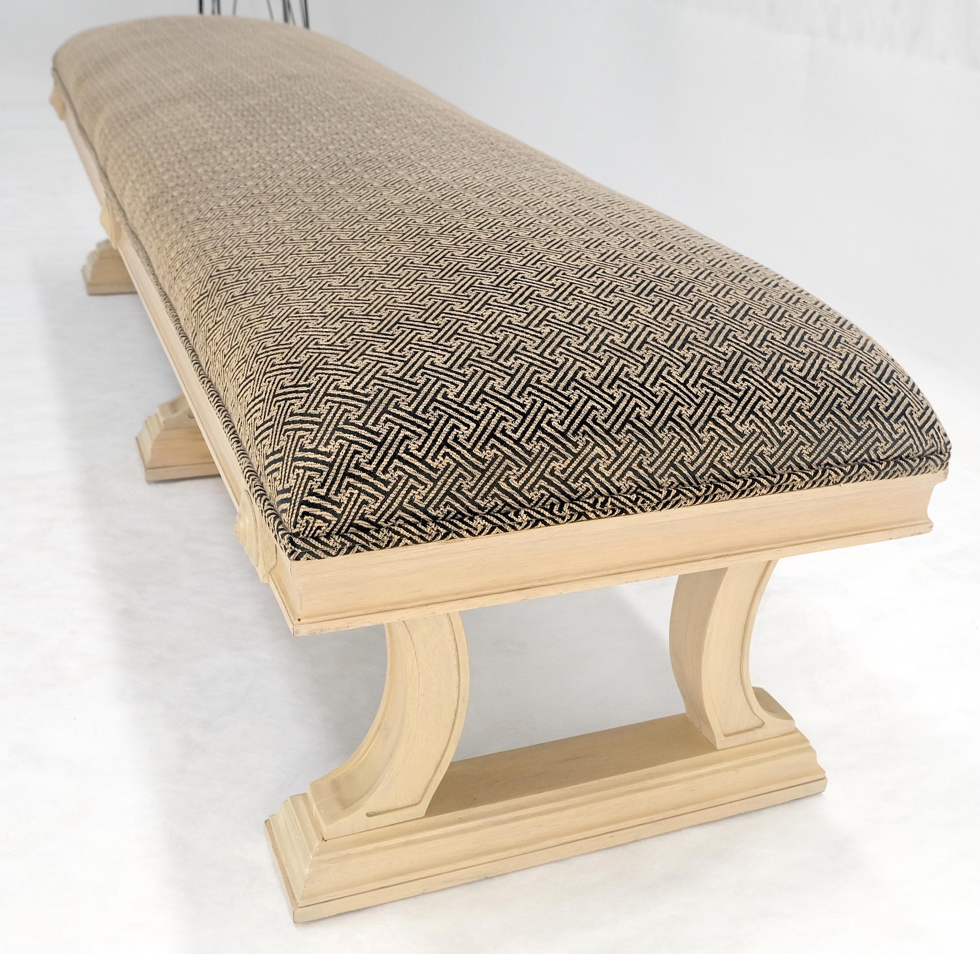 EstablishedLines Bleached Carved Mahogany Tripple Pedestals Base Upholstered Seat Bench MINT!