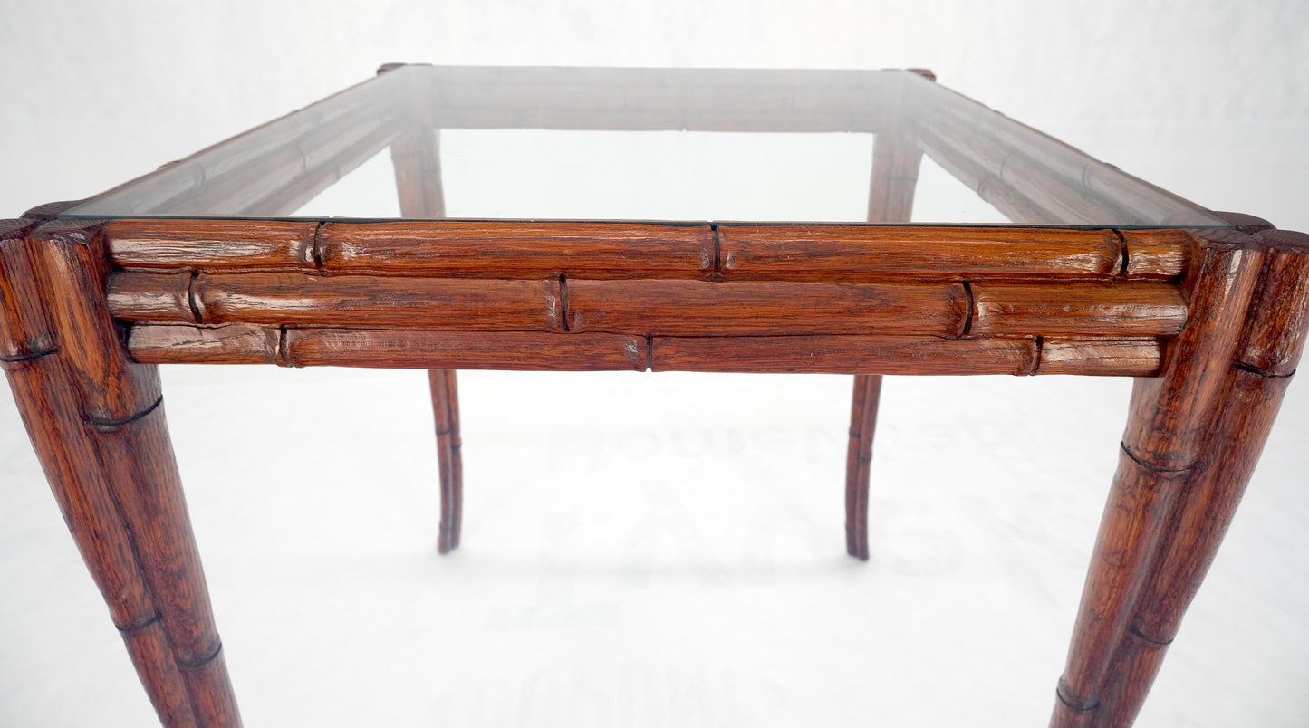 Very Fine Carved Oak Faux Bamboo Glass Top Tapered Sabre Leg End Side Table MINT