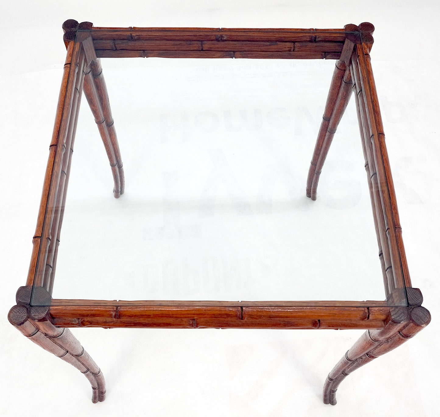 Very Fine Carved Oak Faux Bamboo Glass Top Tapered Sabre Leg End Side Table MINT