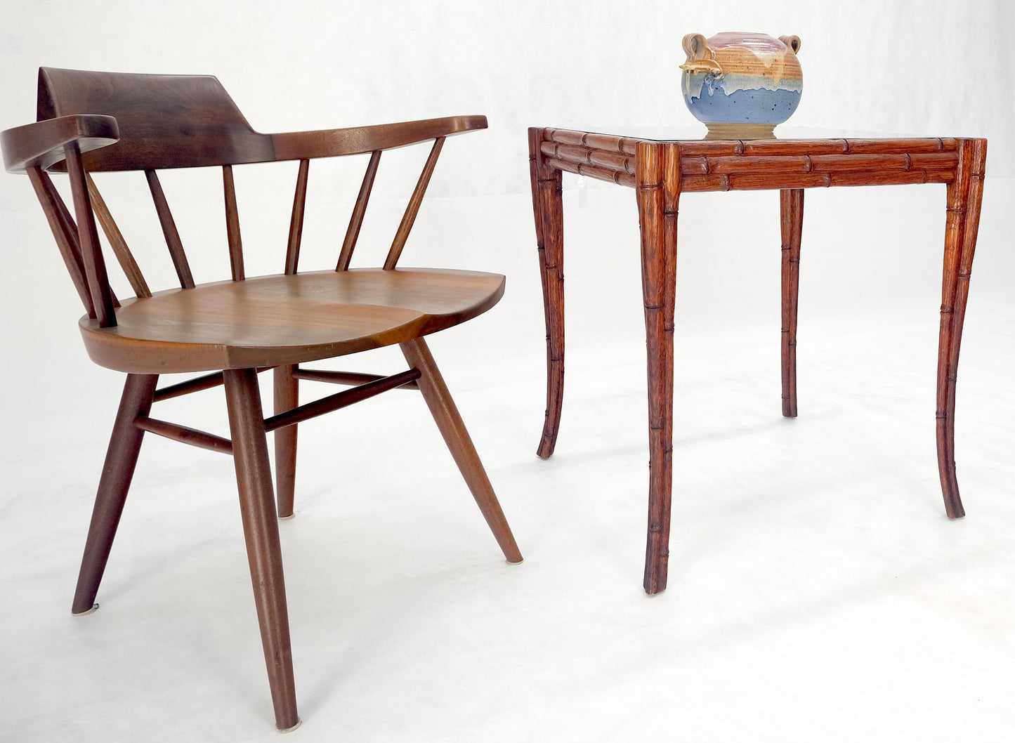 Very Fine Carved Oak Faux Bamboo Glass Top Tapered Sabre Leg End Side Table MINT