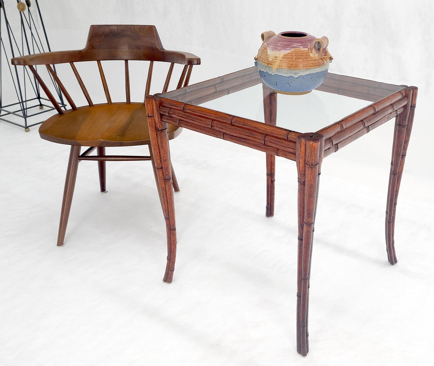 Very Fine Carved Oak Faux Bamboo Glass Top Tapered Sabre Leg End Side Table MINT