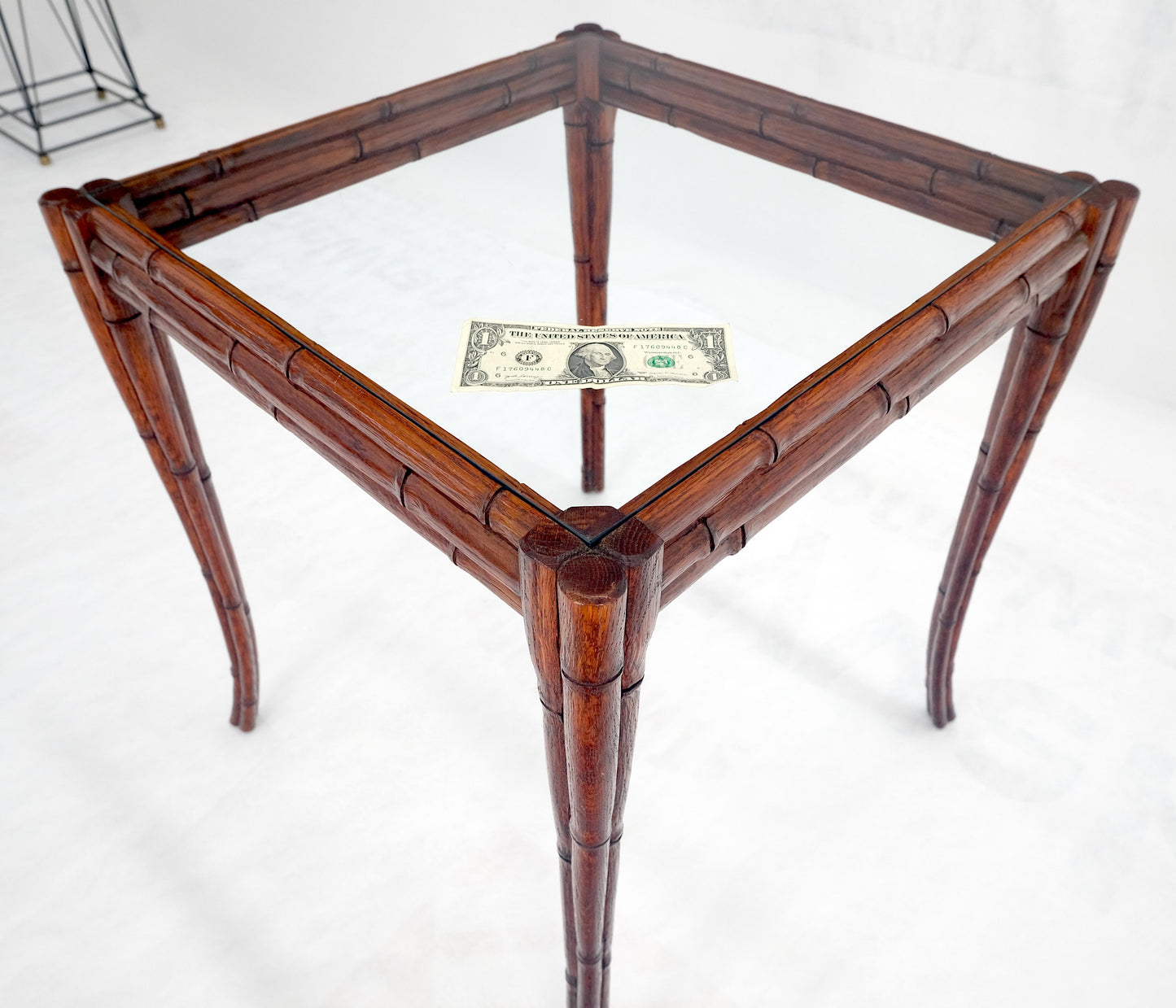 Very Fine Carved Oak Faux Bamboo Glass Top Tapered Sabre Leg End Side Table MINT
