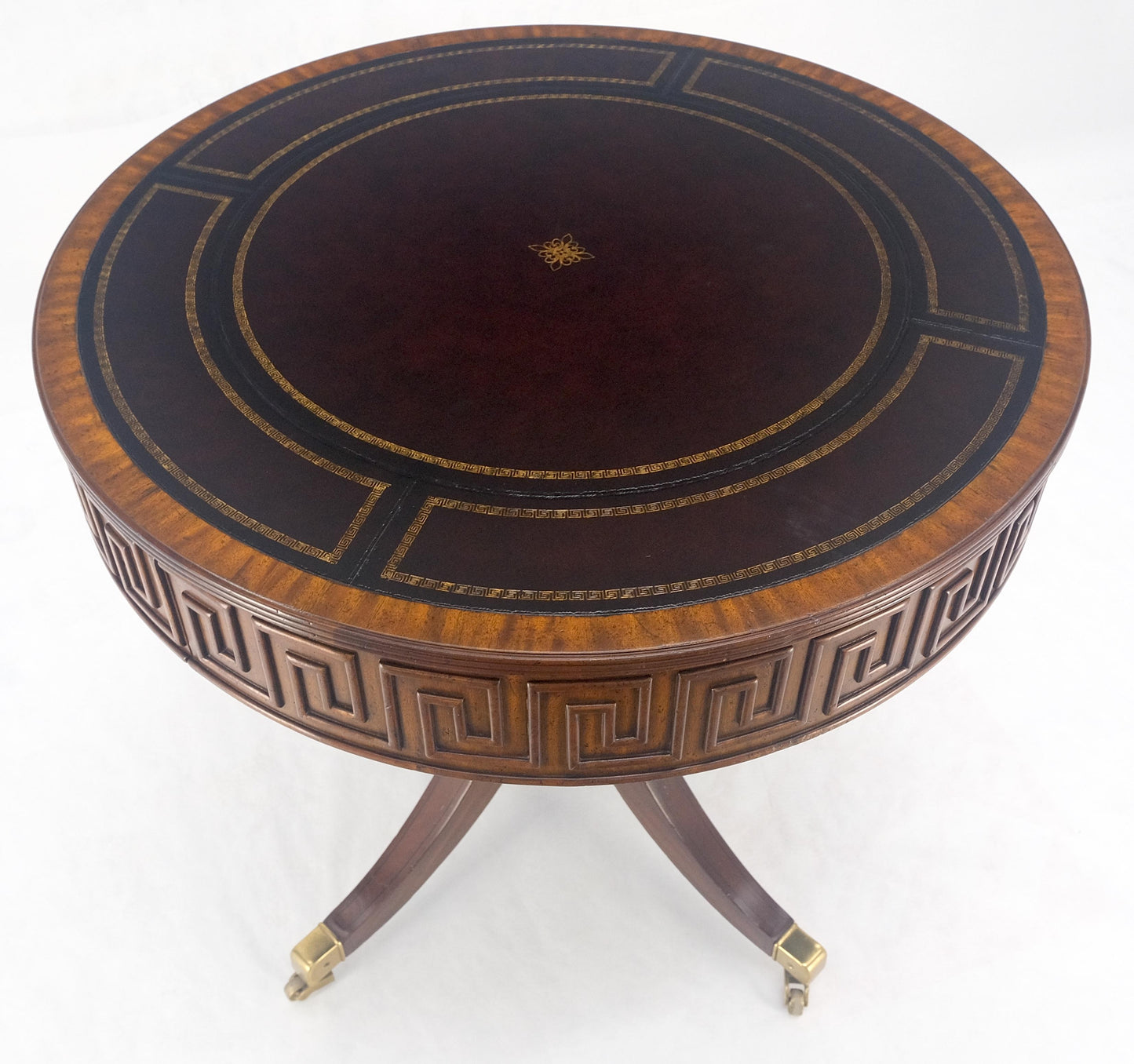 Embossed Burgundy Leather 36" Diameter Mahogany Drum Game Table Gueridon MINT