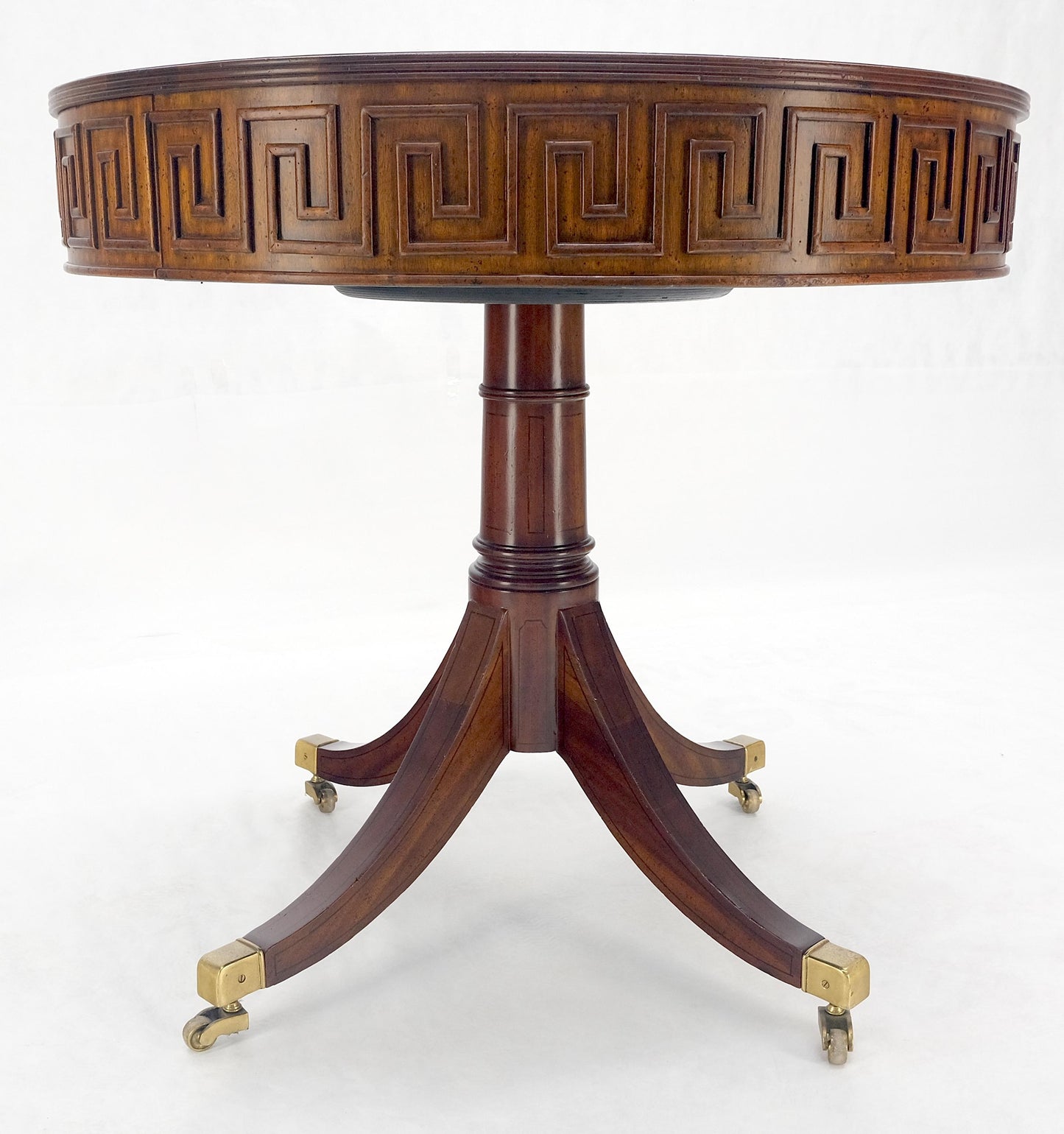 Embossed Burgundy Leather 36" Diameter Mahogany Drum Game Table Gueridon MINT