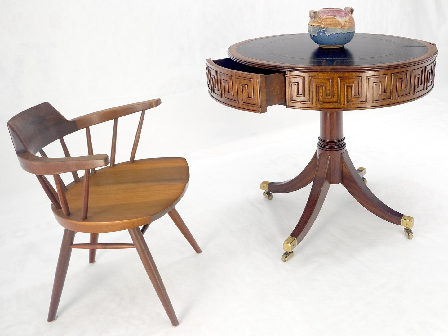 Embossed Burgundy Leather 36" Diameter Mahogany Drum Game Table Gueridon MINT