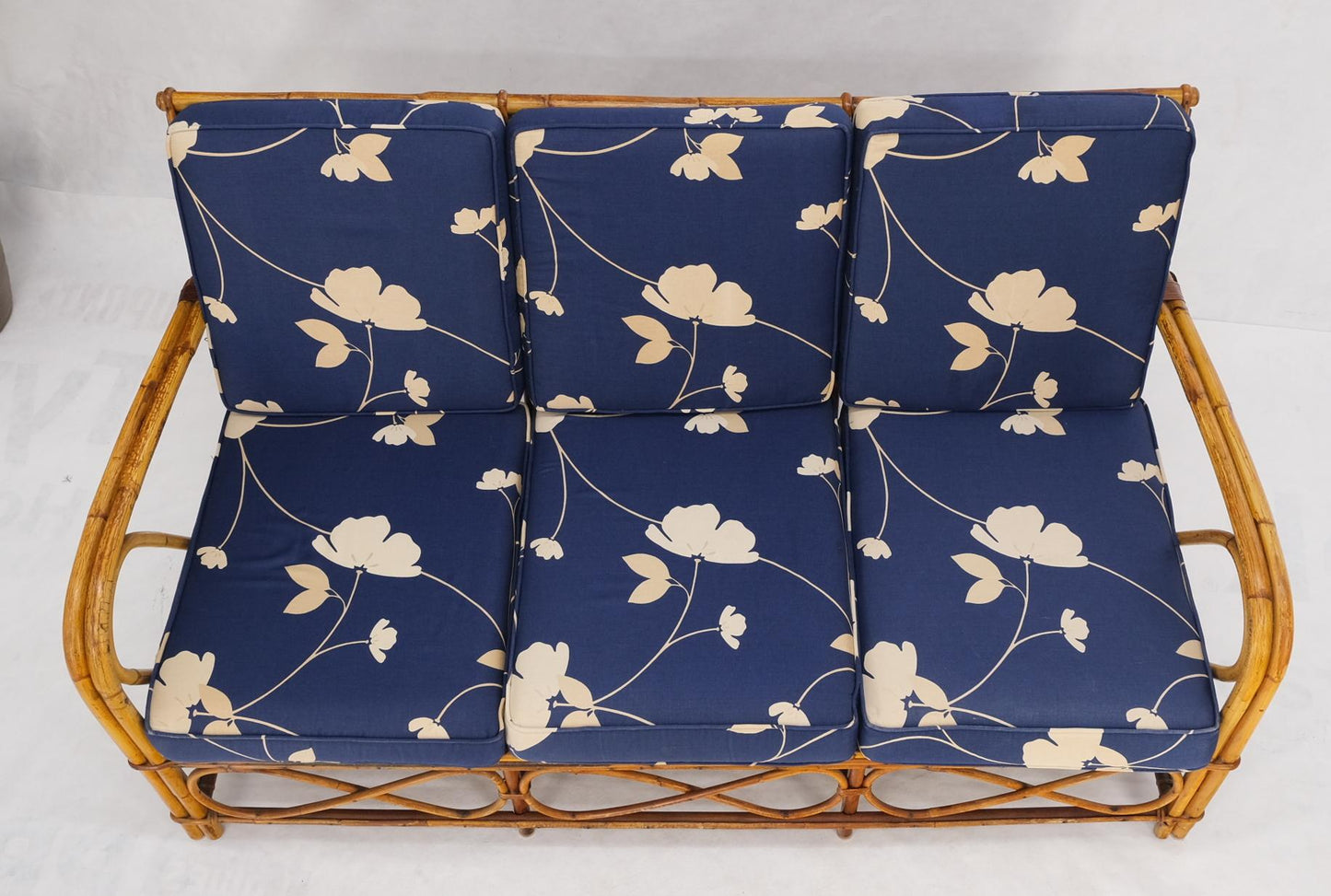 EstablishedLines Split Reed Wicker Rattan Bamboo 3 Seater Sofa Blue & White Cushions