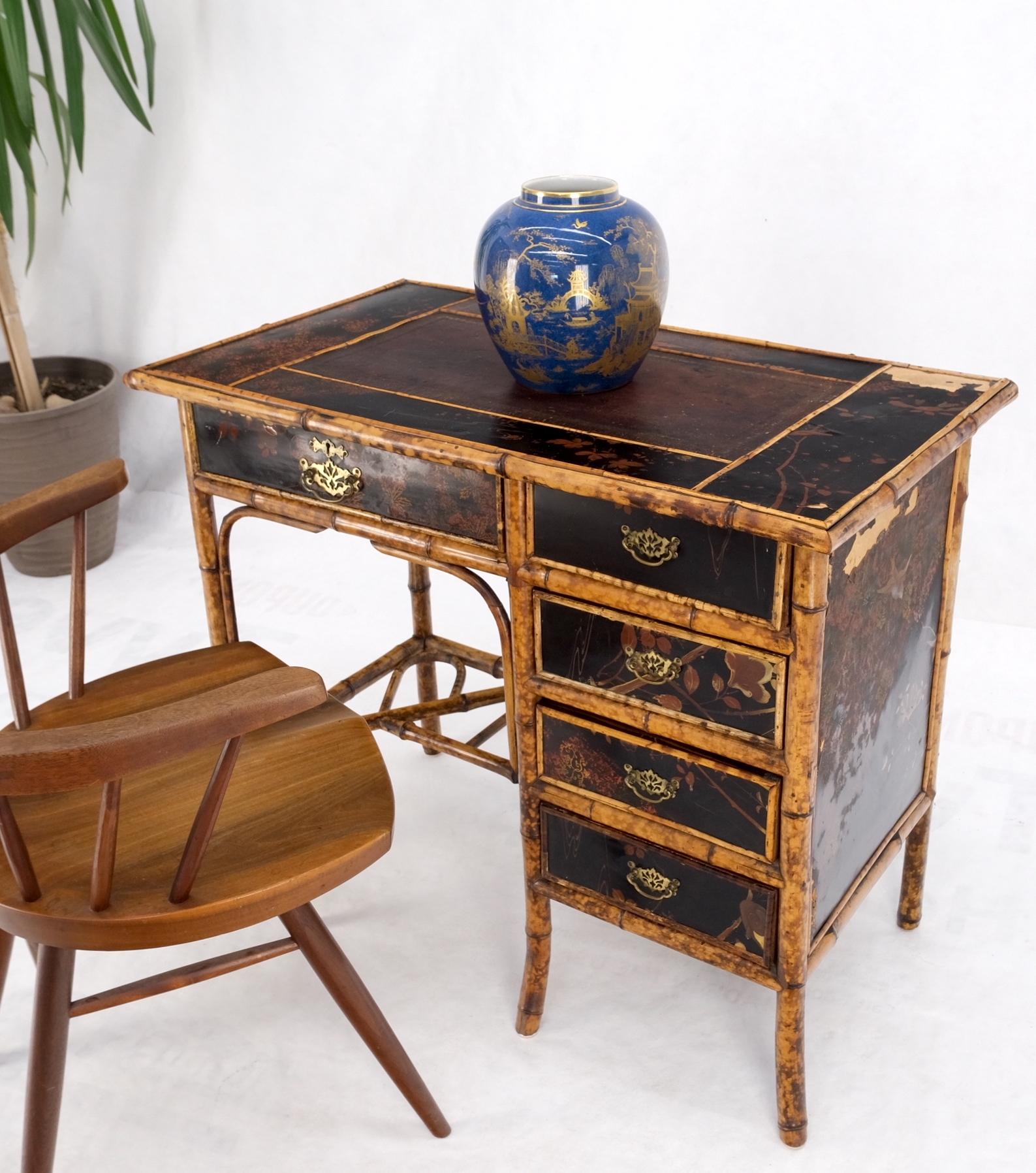 EstablishedLines Antique Asian Oriental japaneese Burned Bamboo Hand Painted Decorated Desk Table