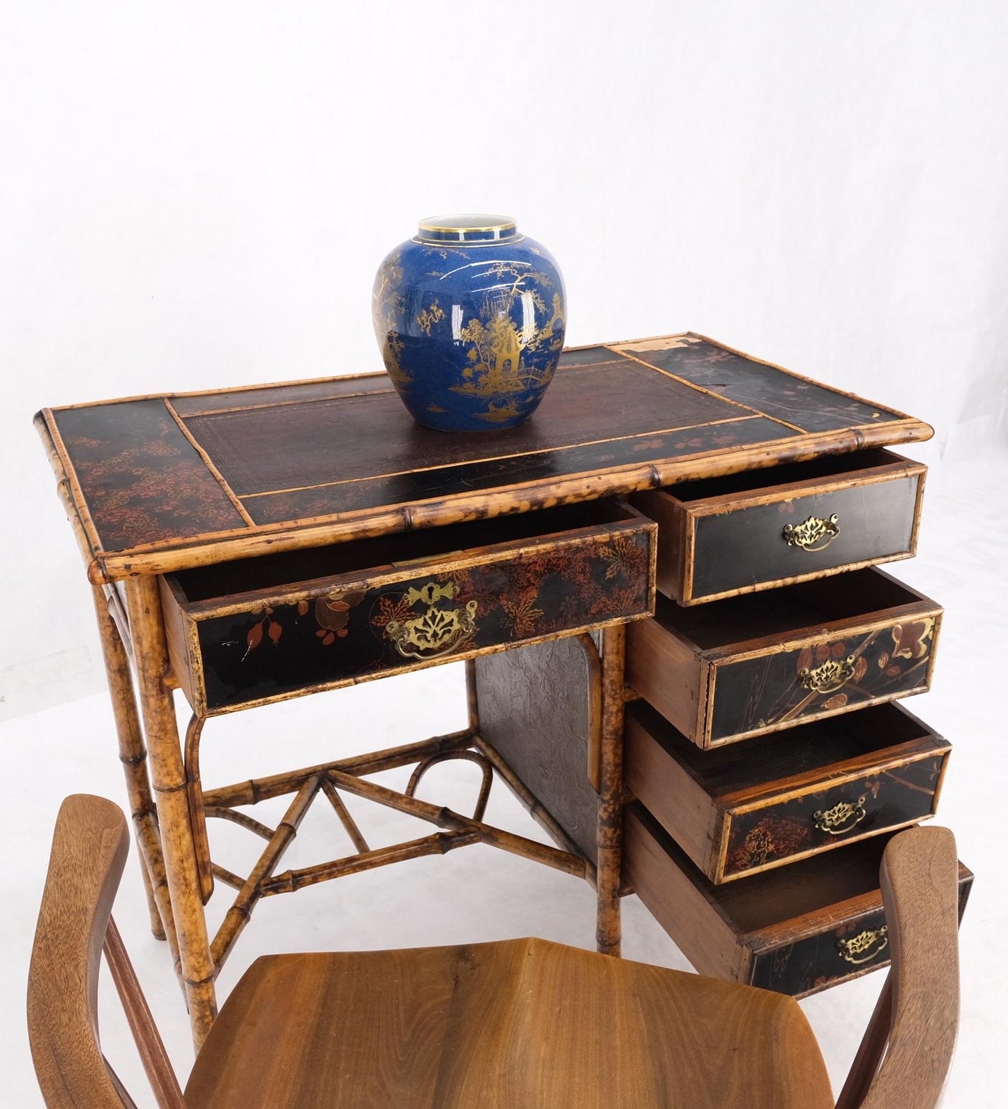 EstablishedLines Antique Asian Oriental japaneese Burned Bamboo Hand Painted Decorated Desk Table