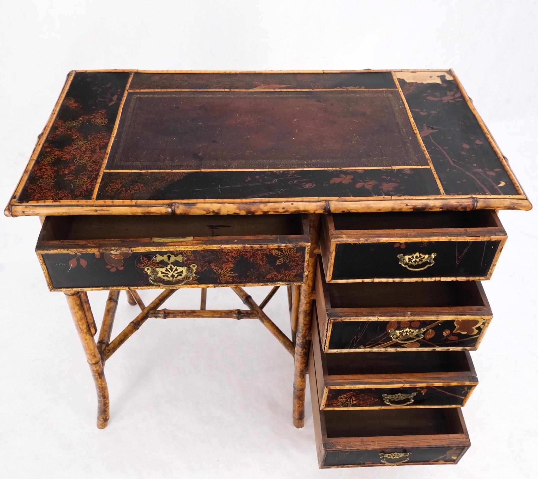 EstablishedLines Antique Asian Oriental japaneese Burned Bamboo Hand Painted Decorated Desk Table