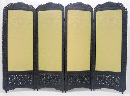 Ebonised Teak & Silk Fine Carved Japanese Asian 4 Panel Screen Room Divider NICE