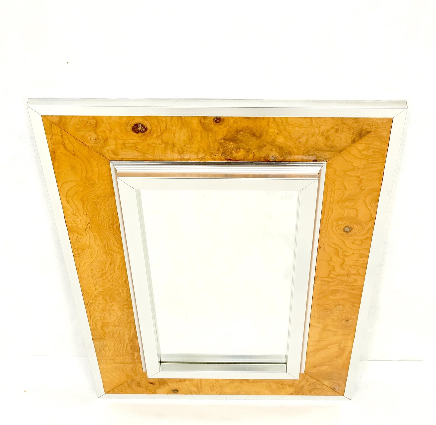 Rectangle Mid-Century Modern Burl Wood & Aluminum Mirror by Greg Copeland MINT!