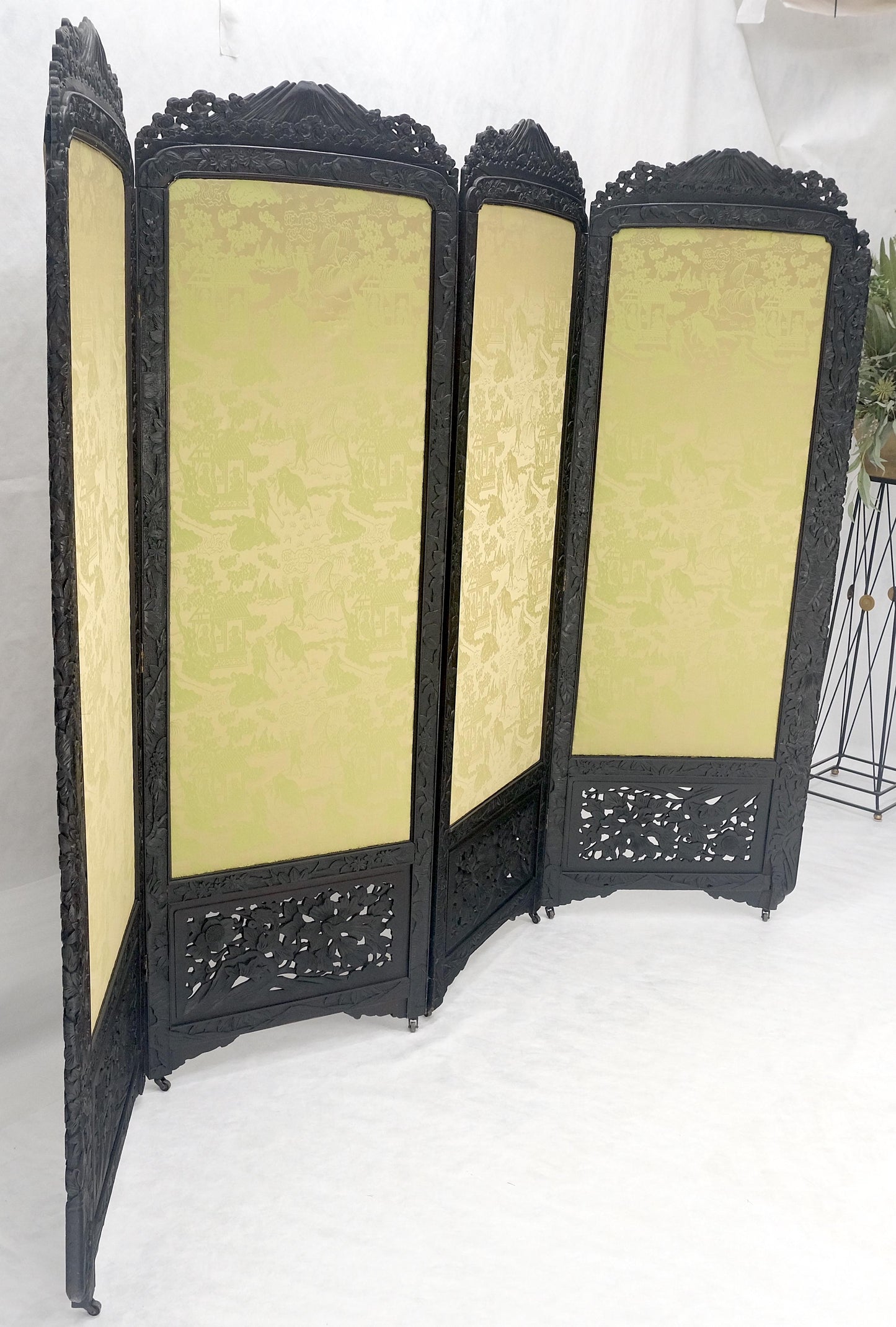 Ebonised Teak & Silk Fine Carved Japanese Asian 4 Panel Screen Room Divider NICE