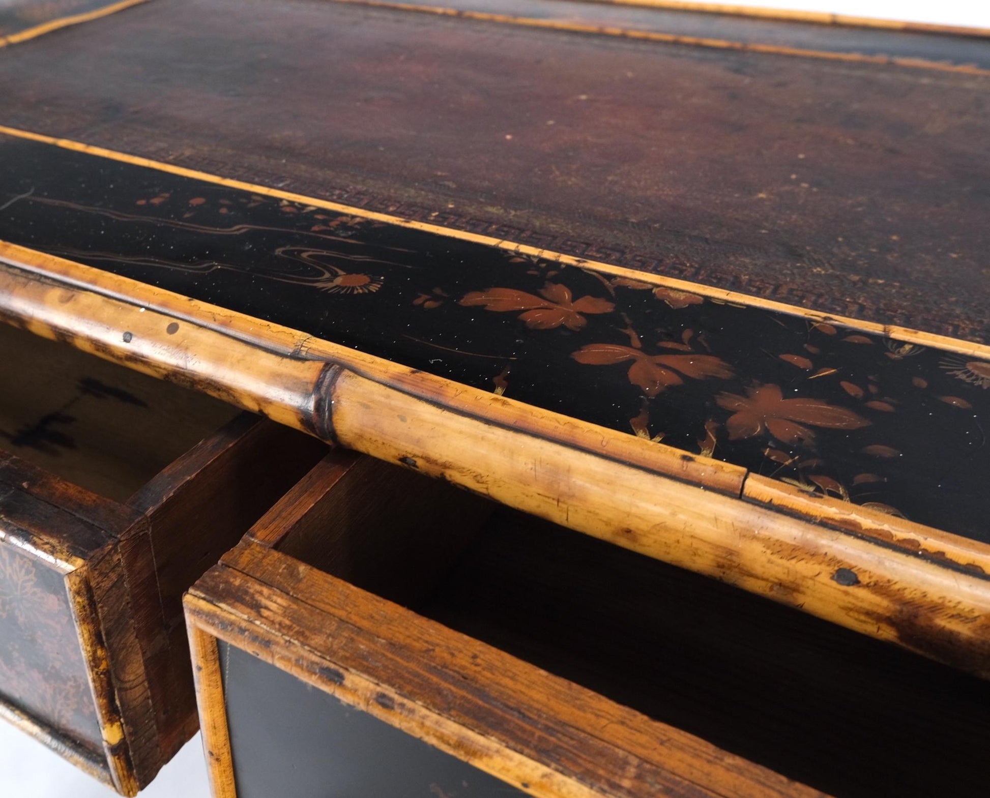 EstablishedLines Antique Asian Oriental japaneese Burned Bamboo Hand Painted Decorated Desk Table