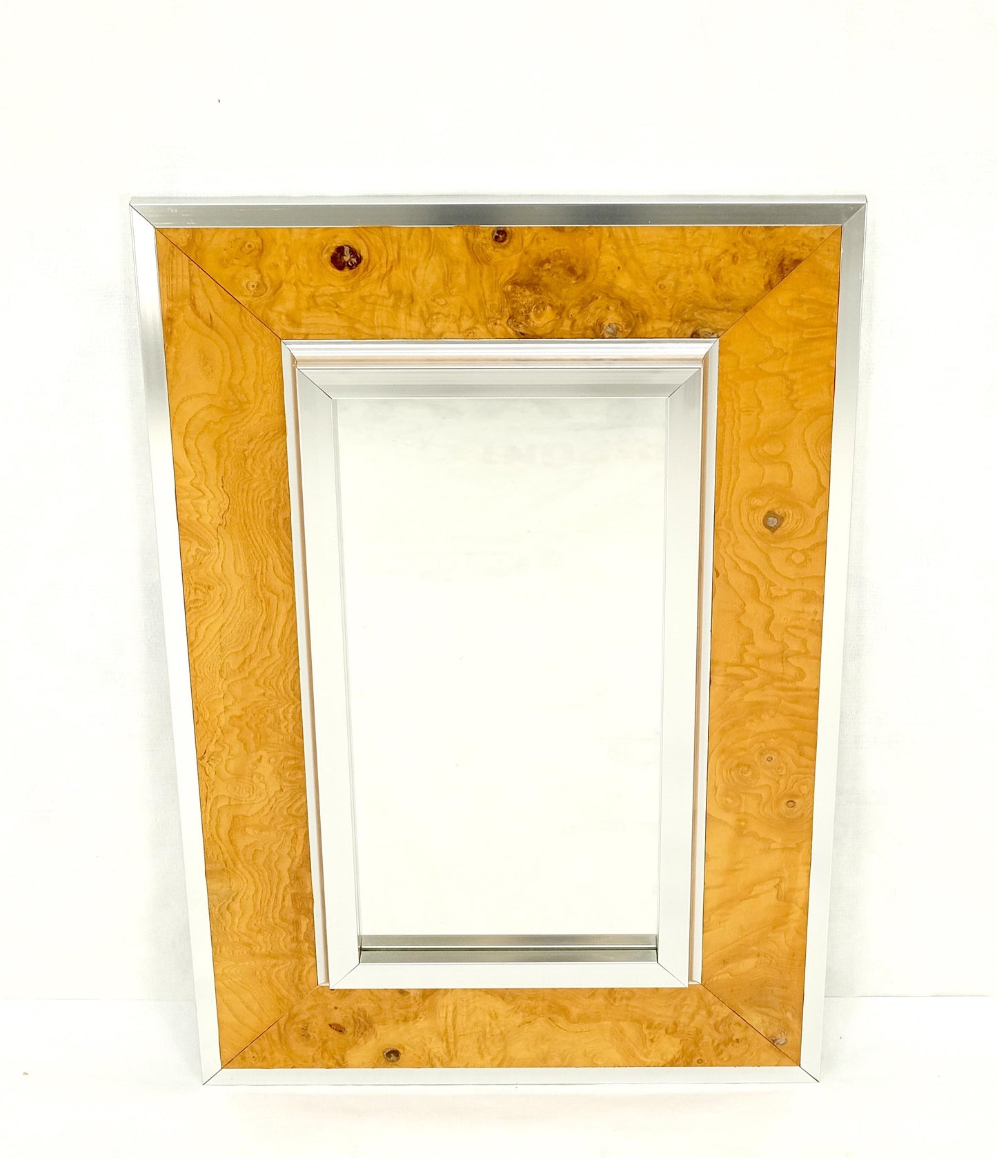 Rectangle Mid-Century Modern Burl Wood & Aluminum Mirror by Greg Copeland MINT!