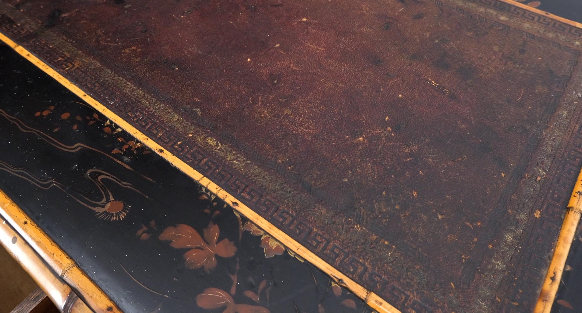 EstablishedLines Antique Asian Oriental japaneese Burned Bamboo Hand Painted Decorated Desk Table