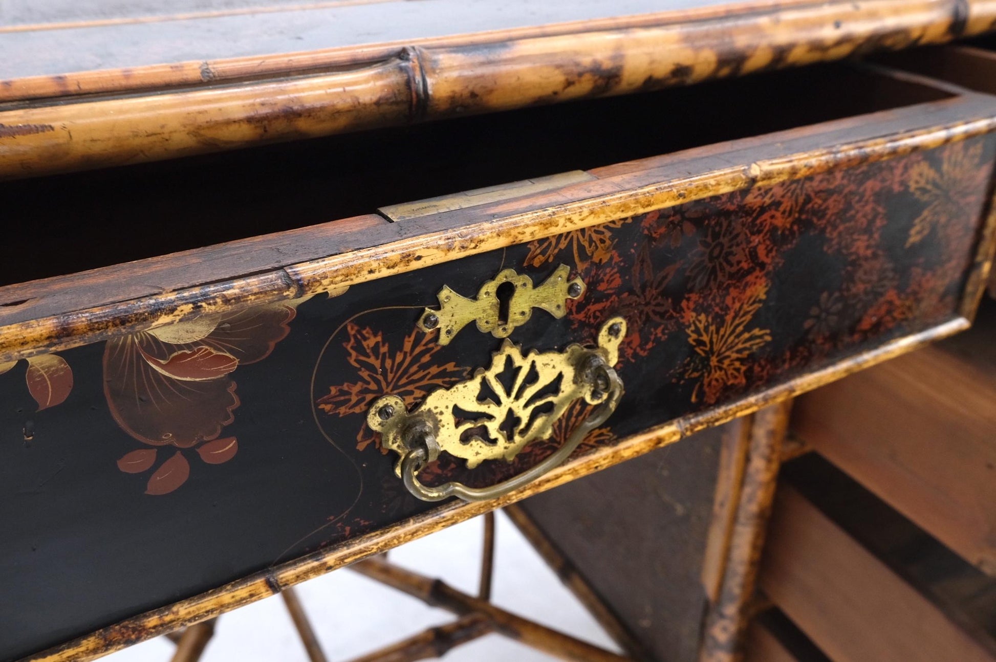 EstablishedLines Antique Asian Oriental japaneese Burned Bamboo Hand Painted Decorated Desk Table