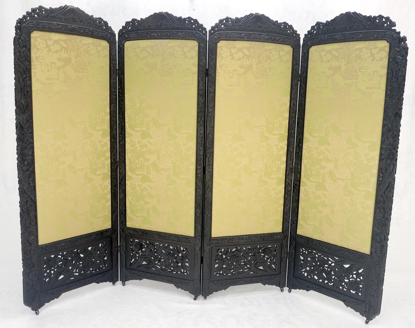 EstablishedLines Ebonised Teak & Silk Fine Carved Japanese Asian 4 Panel Screen Room Divider NICE