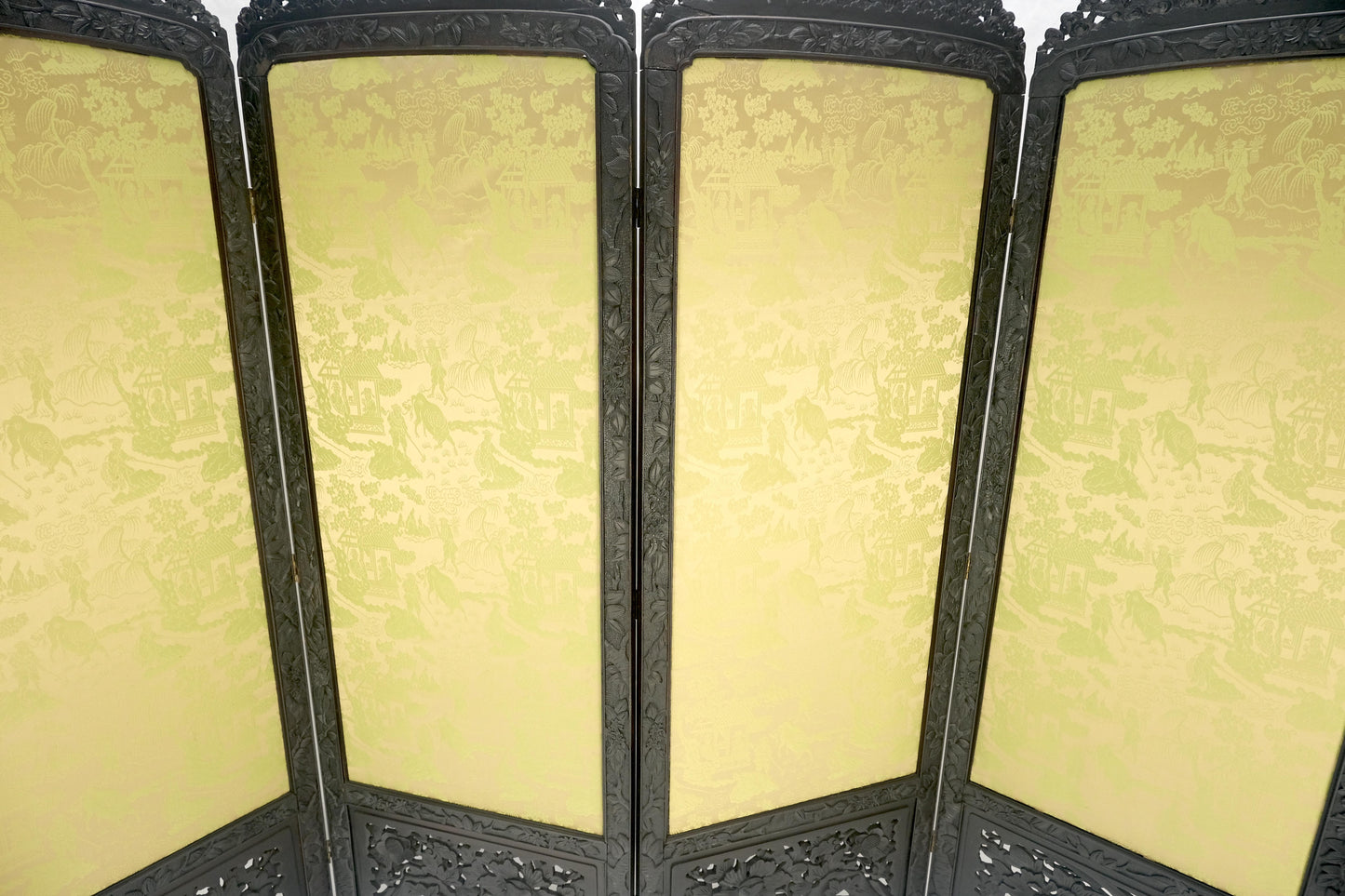 EstablishedLines Ebonised Teak & Silk Fine Carved Japanese Asian 4 Panel Screen Room Divider NICE
