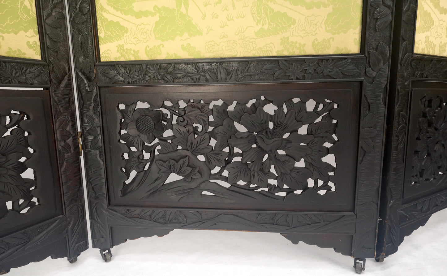 EstablishedLines Ebonised Teak & Silk Fine Carved Japanese Asian 4 Panel Screen Room Divider NICE