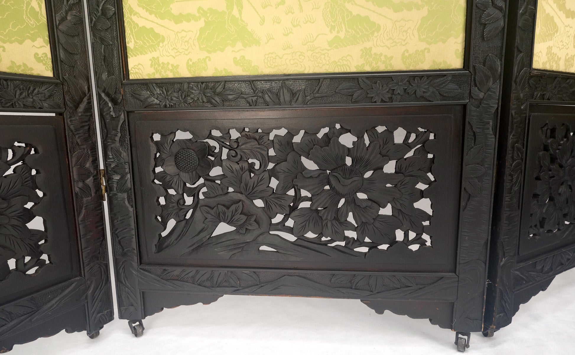 EstablishedLines Ebonised Teak & Silk Fine Carved Japanese Asian 4 Panel Screen Room Divider NICE