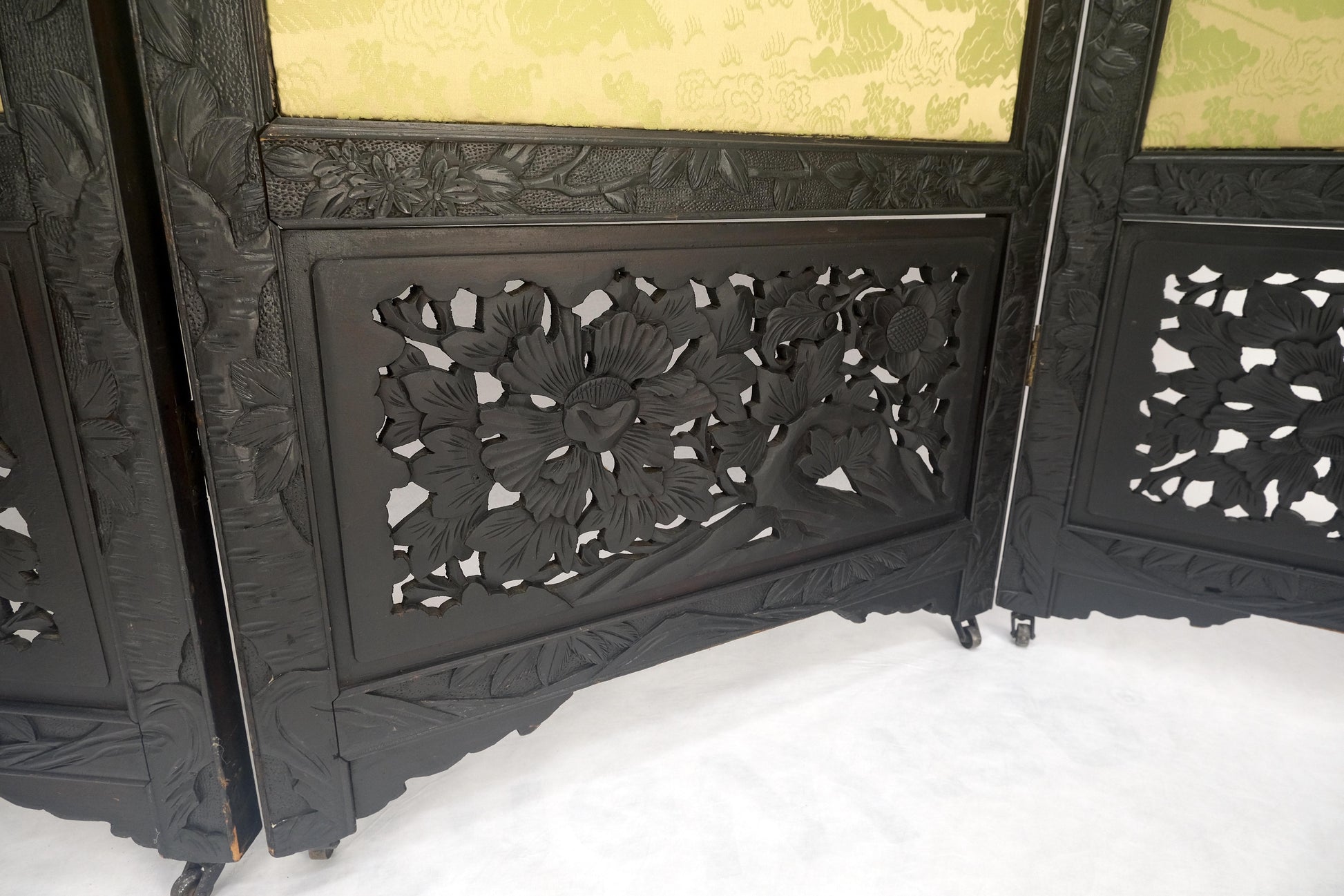 EstablishedLines Ebonised Teak & Silk Fine Carved Japanese Asian 4 Panel Screen Room Divider NICE