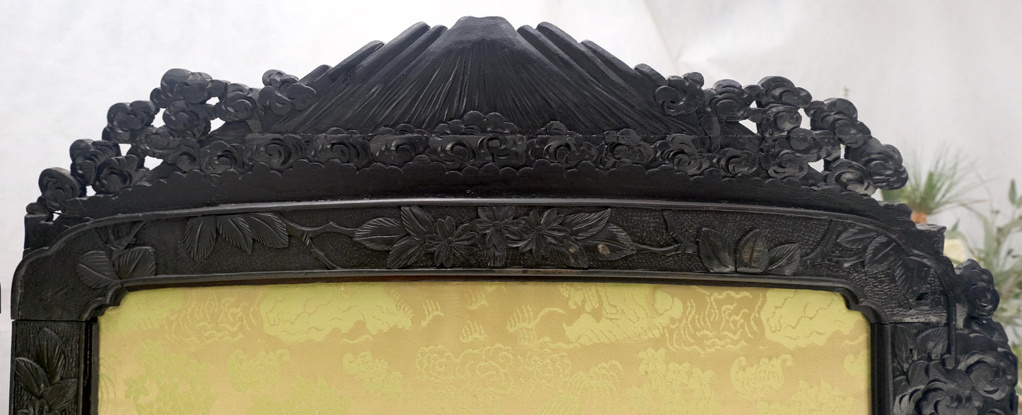 Ebonised Teak & Silk Fine Carved Japanese Asian 4 Panel Screen Room Divider NICE