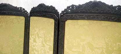 EstablishedLines Ebonised Teak & Silk Fine Carved Japanese Asian 4 Panel Screen Room Divider NICE