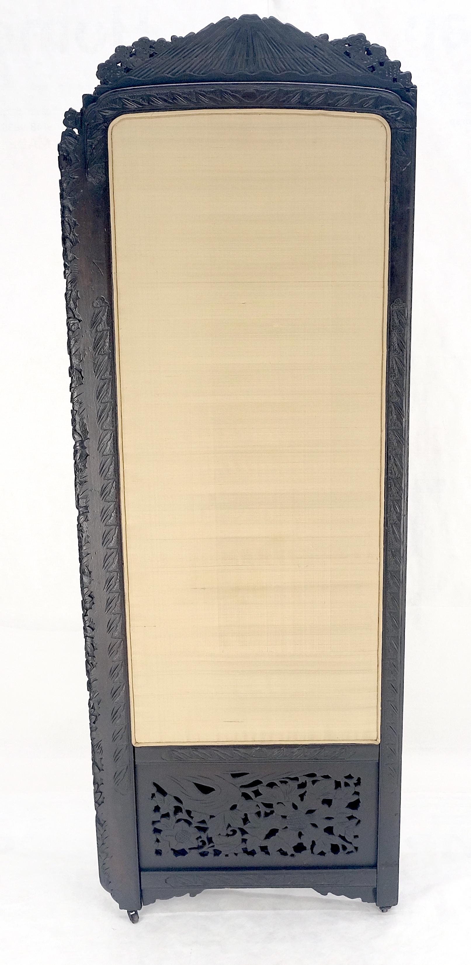 EstablishedLines Ebonised Teak & Silk Fine Carved Japanese Asian 4 Panel Screen Room Divider NICE
