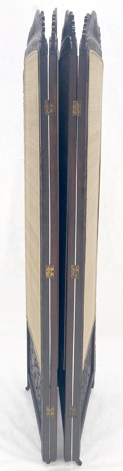 Ebonised Teak & Silk Fine Carved Japanese Asian 4 Panel Screen Room Divider NICE