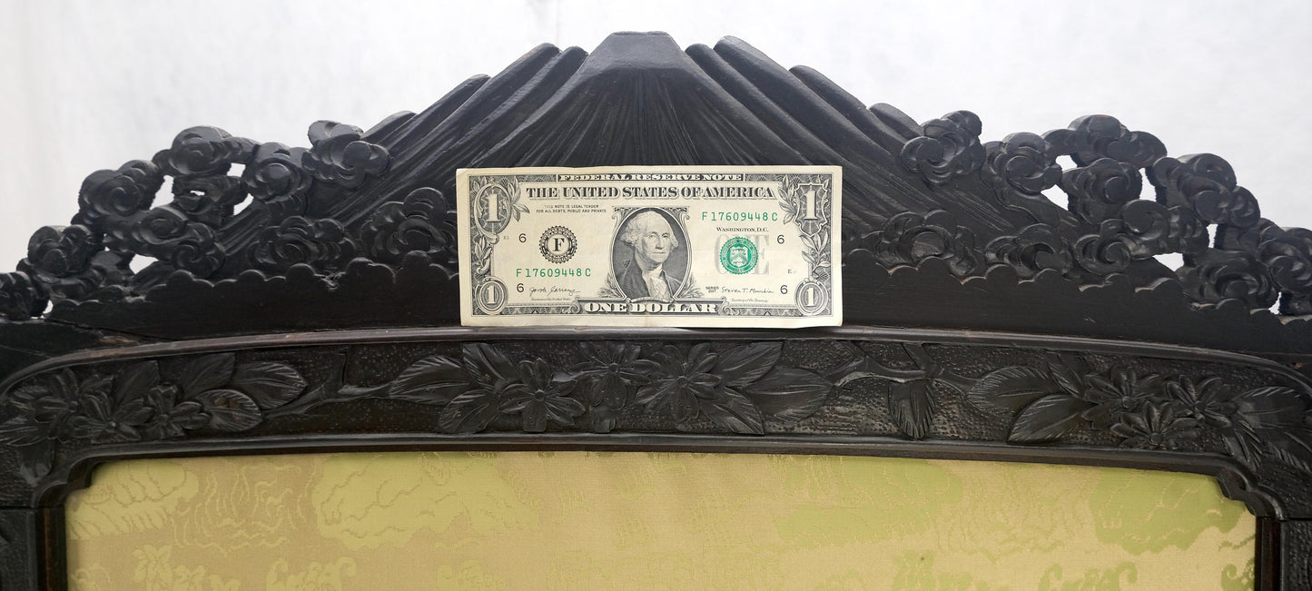 EstablishedLines Ebonised Teak & Silk Fine Carved Japanese Asian 4 Panel Screen Room Divider NICE