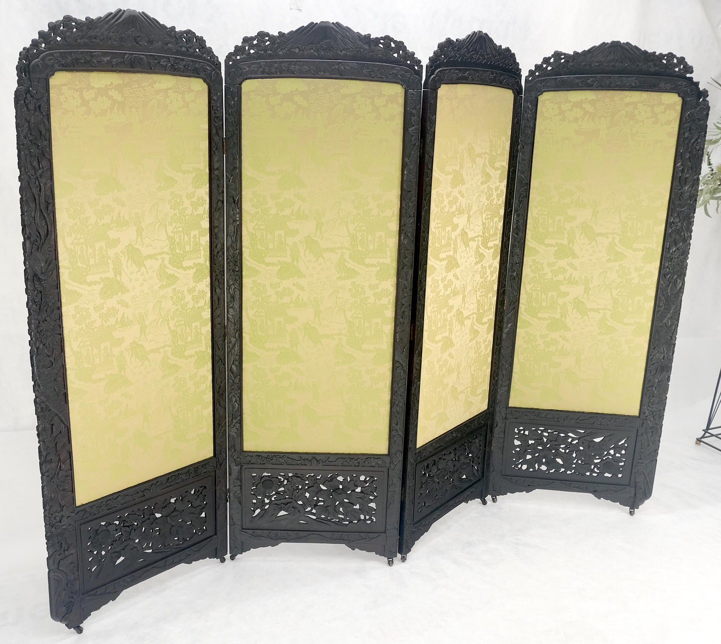 EstablishedLines Ebonised Teak & Silk Fine Carved Japanese Asian 4 Panel Screen Room Divider NICE