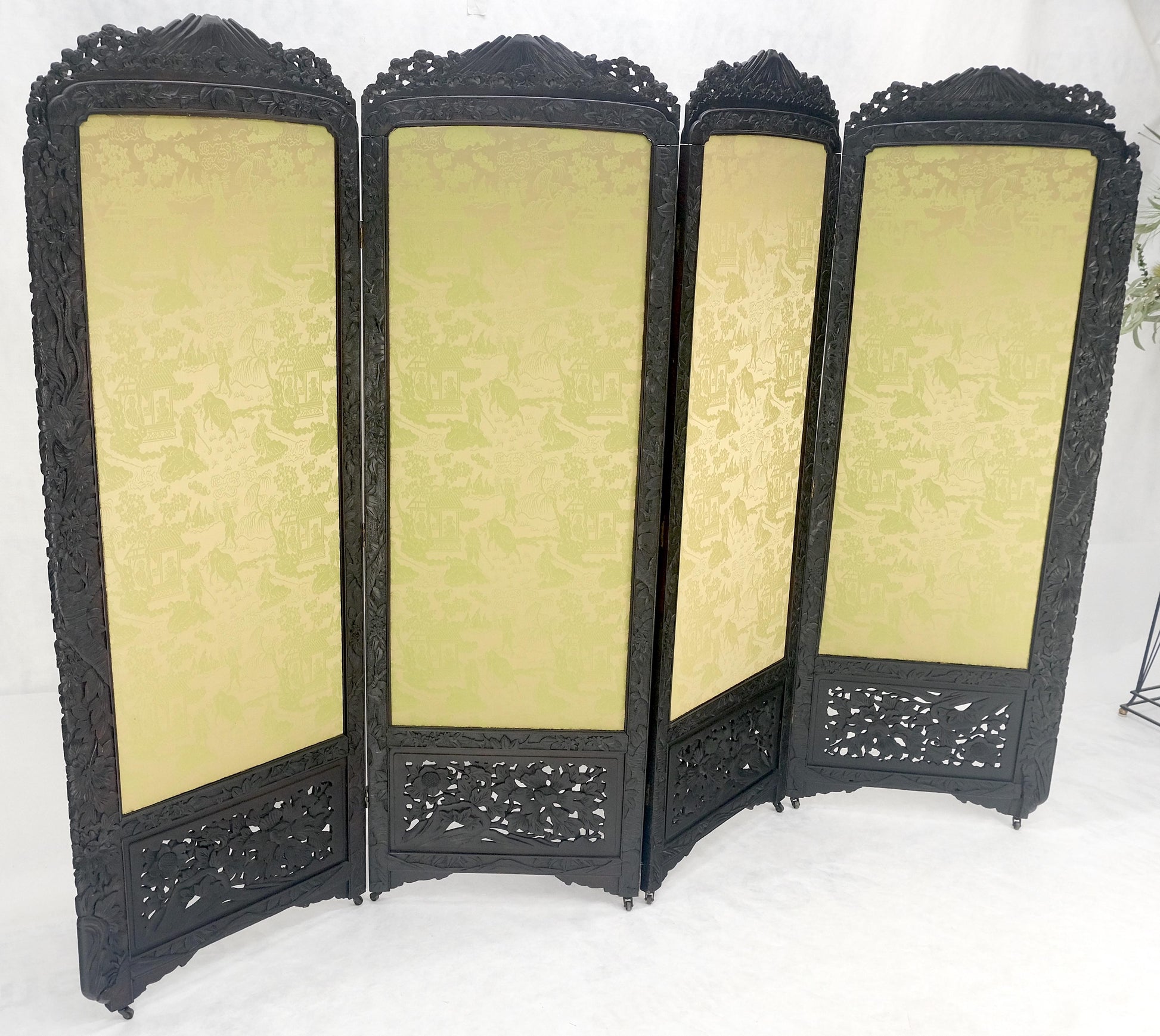 EstablishedLines Ebonised Teak & Silk Fine Carved Japanese Asian 4 Panel Screen Room Divider NICE