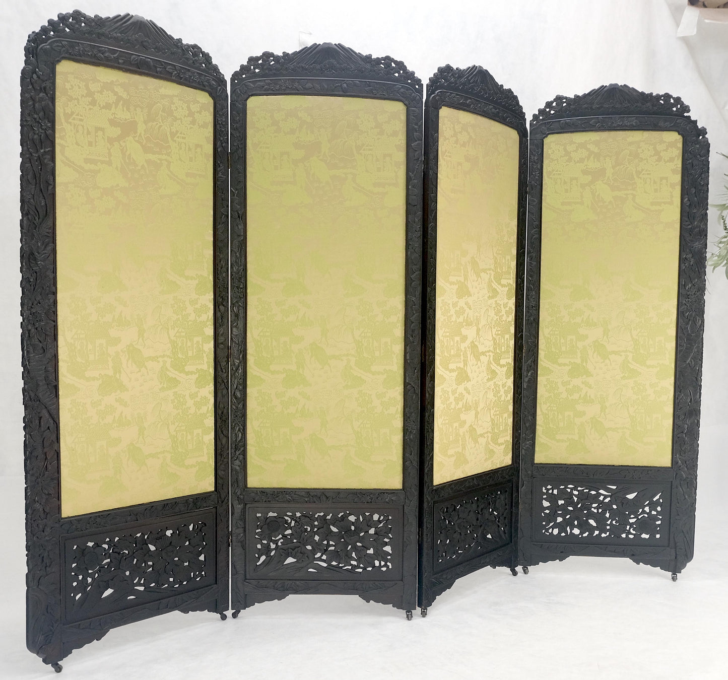 Ebonised Teak & Silk Fine Carved Japanese Asian 4 Panel Screen Room Divider NICE