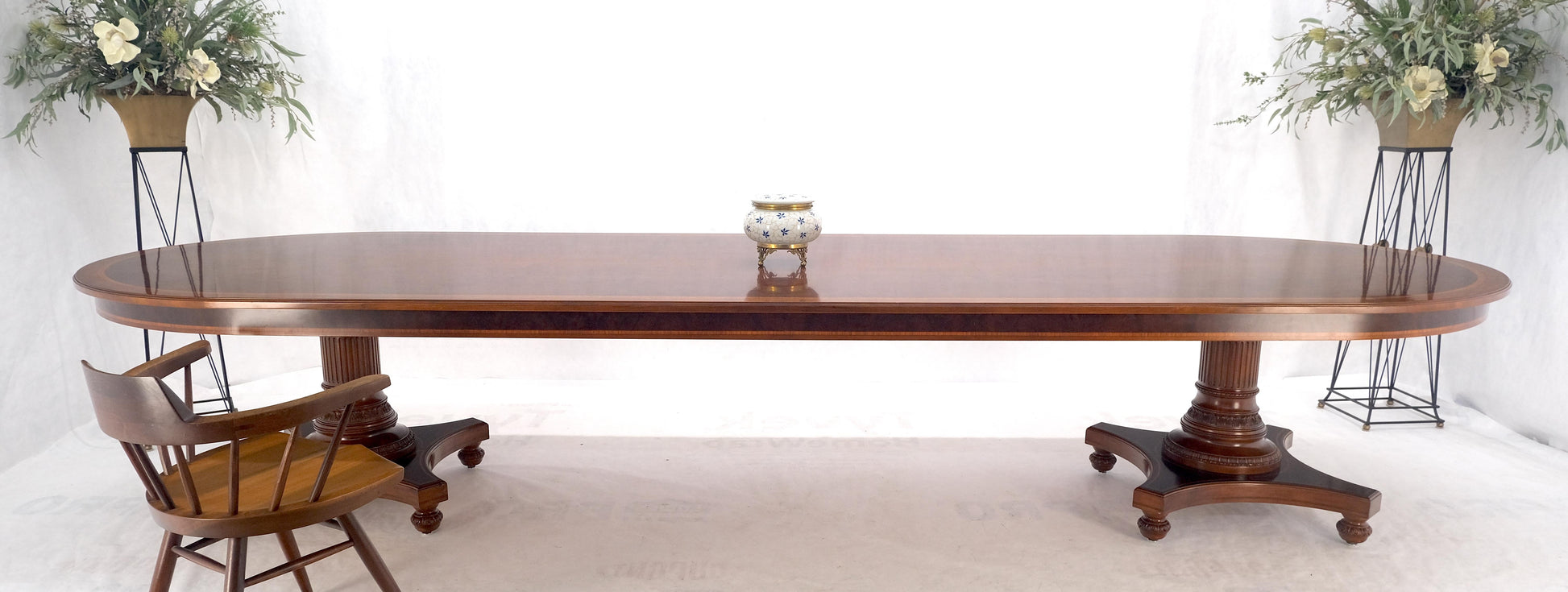 EstablishedLines Banded Oval Racetrack Shape Carved Double Pedestal Burl Walnut 13' Long Dining