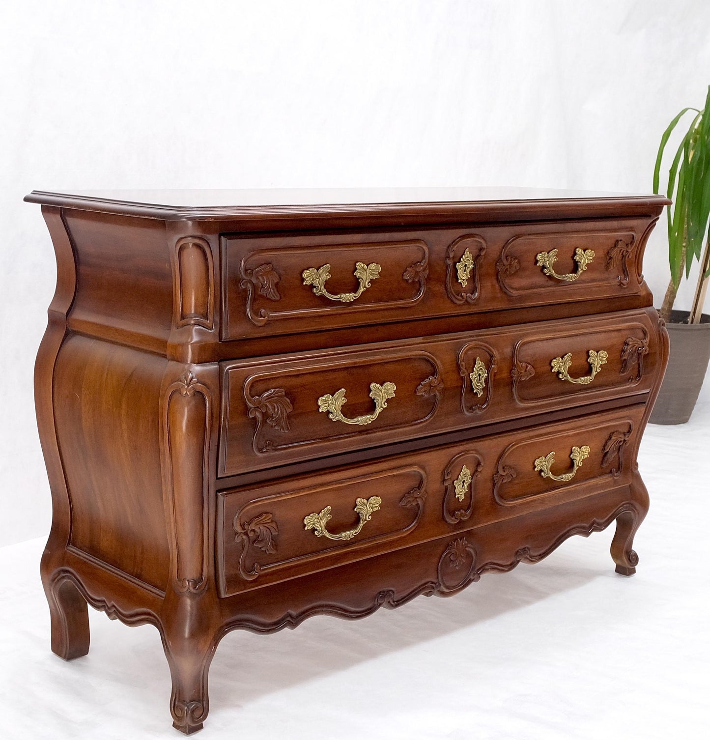 Bombe Country French Carved Cherry 3 Drawer Dresser Brass Hardware Pulls Mint!
