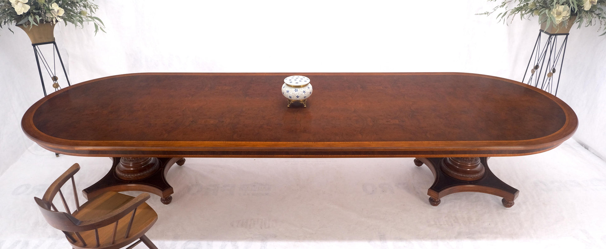 EstablishedLines Banded Oval Racetrack Shape Carved Double Pedestal Burl Walnut 13' Long Dining