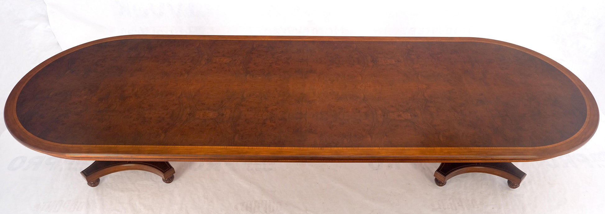 EstablishedLines Banded Oval Racetrack Shape Carved Double Pedestal Burl Walnut 13' Long Dining