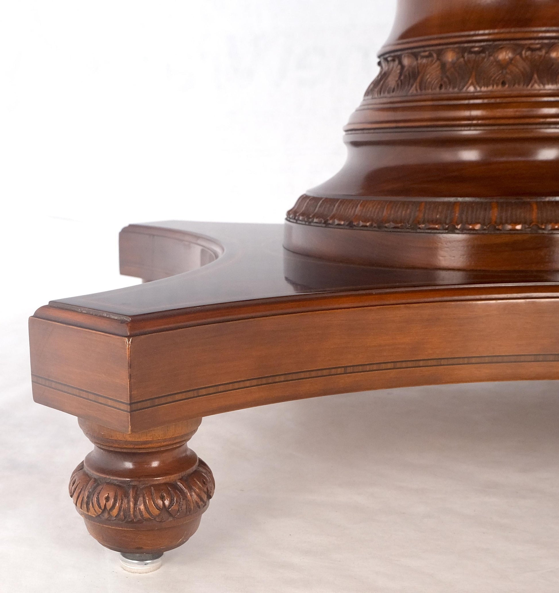 EstablishedLines Banded Oval Racetrack Shape Carved Double Pedestal Burl Walnut 13' Long Dining