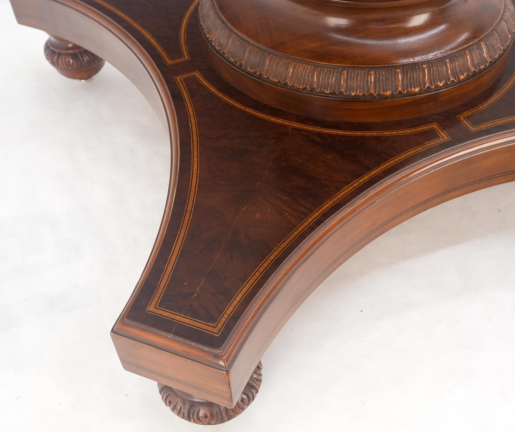 EstablishedLines Banded Oval Racetrack Shape Carved Double Pedestal Burl Walnut 13' Long Dining