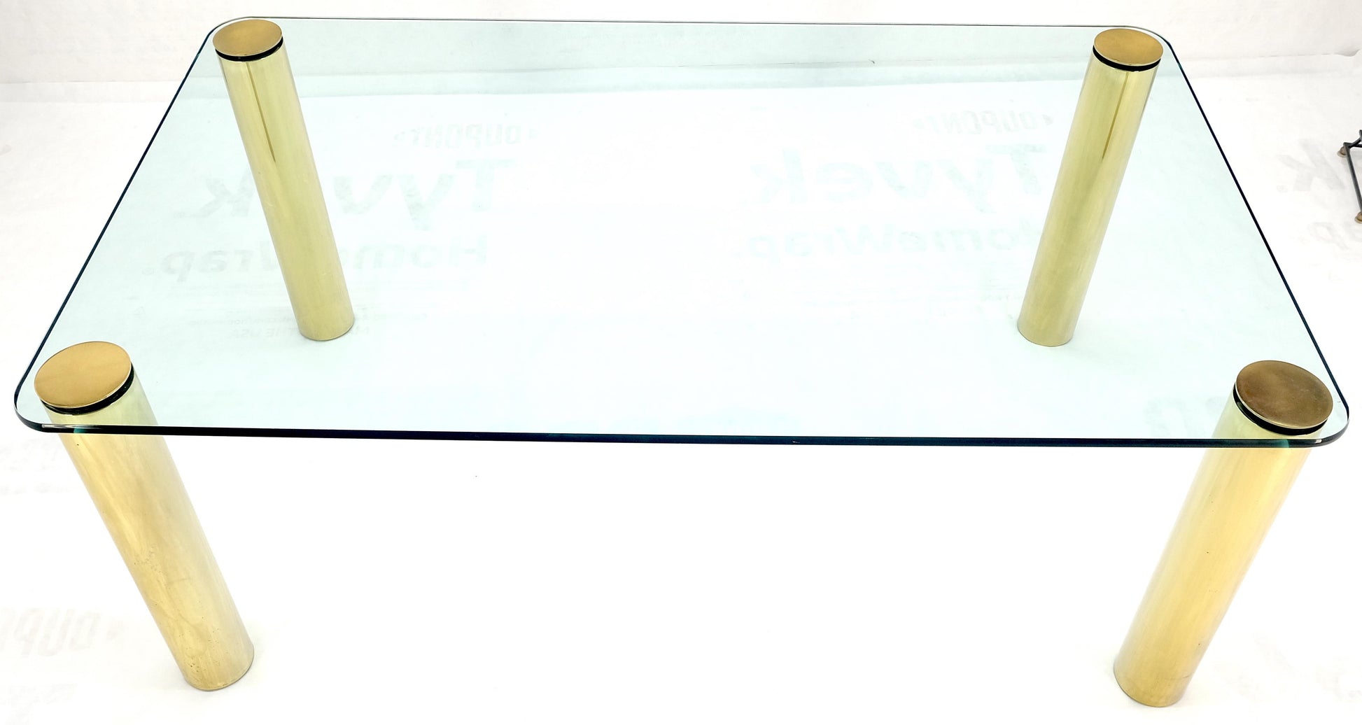 EstablishedLines 3/4" Thick Glass Top Rounded Corners Brass Cylinder Legs Mid Century Modern