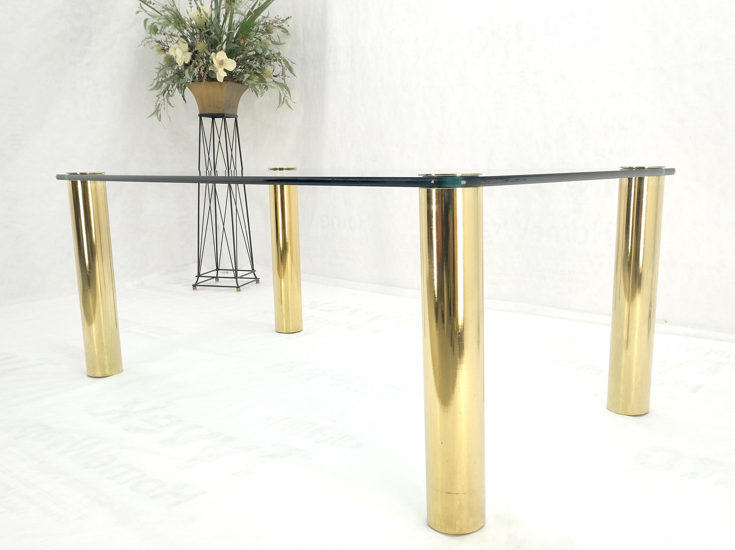 EstablishedLines 3/4" Thick Glass Top Rounded Corners Brass Cylinder Legs Mid Century Modern