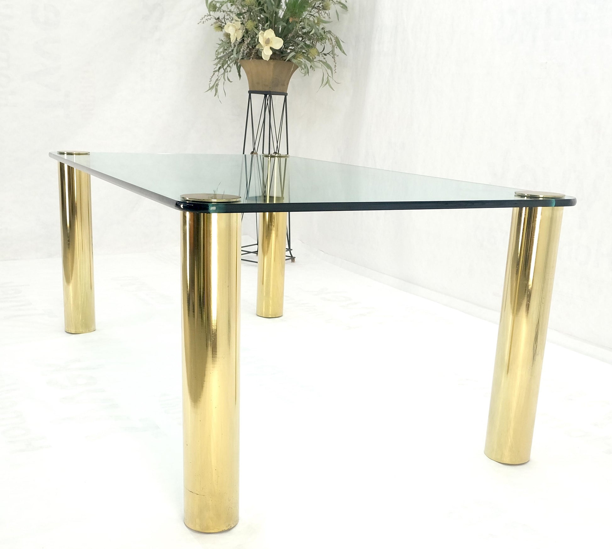 EstablishedLines 3/4" Thick Glass Top Rounded Corners Brass Cylinder Legs Mid Century Modern
