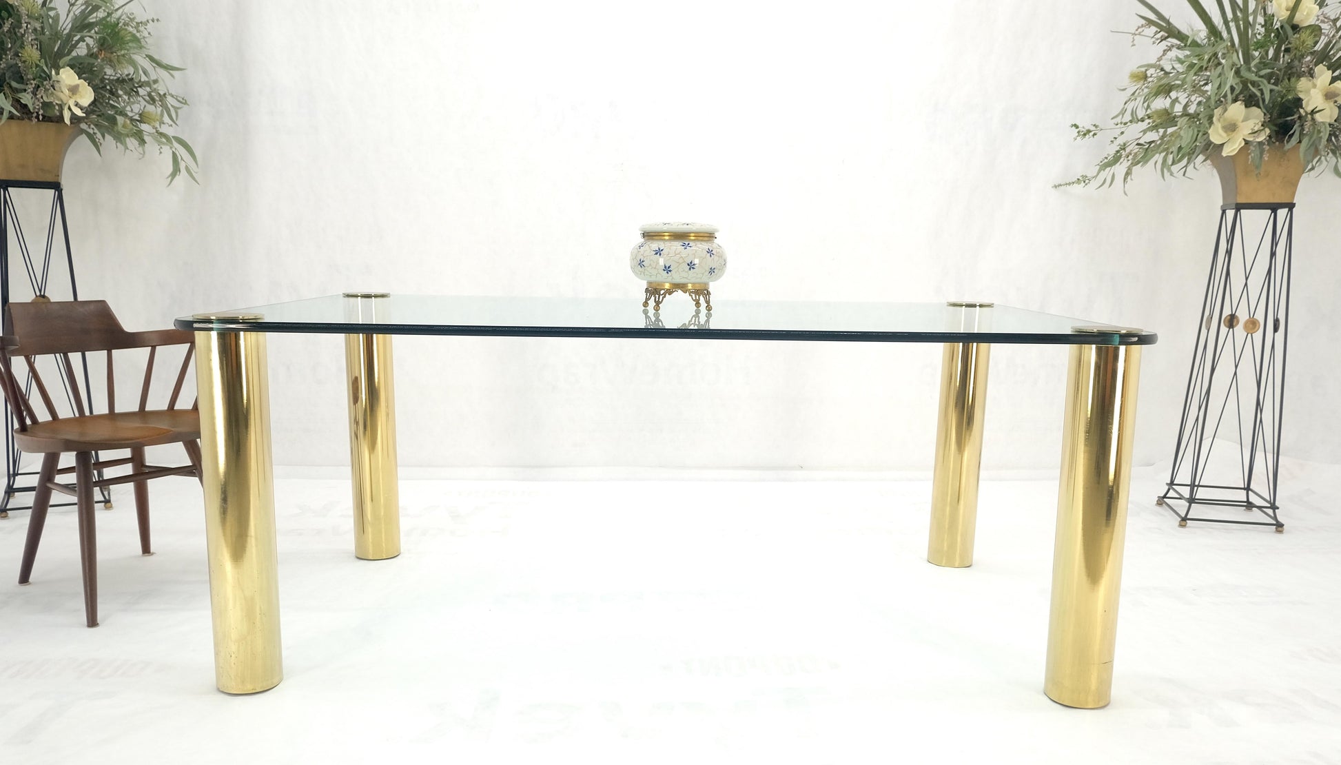 EstablishedLines 3/4" Thick Glass Top Rounded Corners Brass Cylinder Legs Mid Century Modern