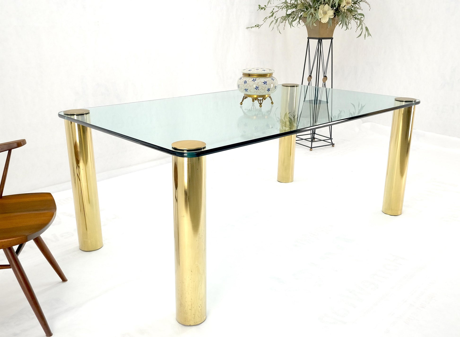 EstablishedLines 3/4" Thick Glass Top Rounded Corners Brass Cylinder Legs Mid Century Modern