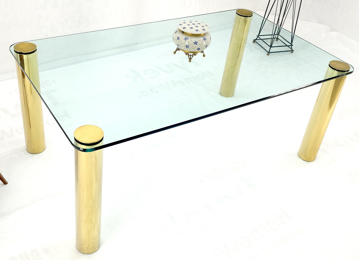 EstablishedLines 3/4" Thick Glass Top Rounded Corners Brass Cylinder Legs Mid Century Modern