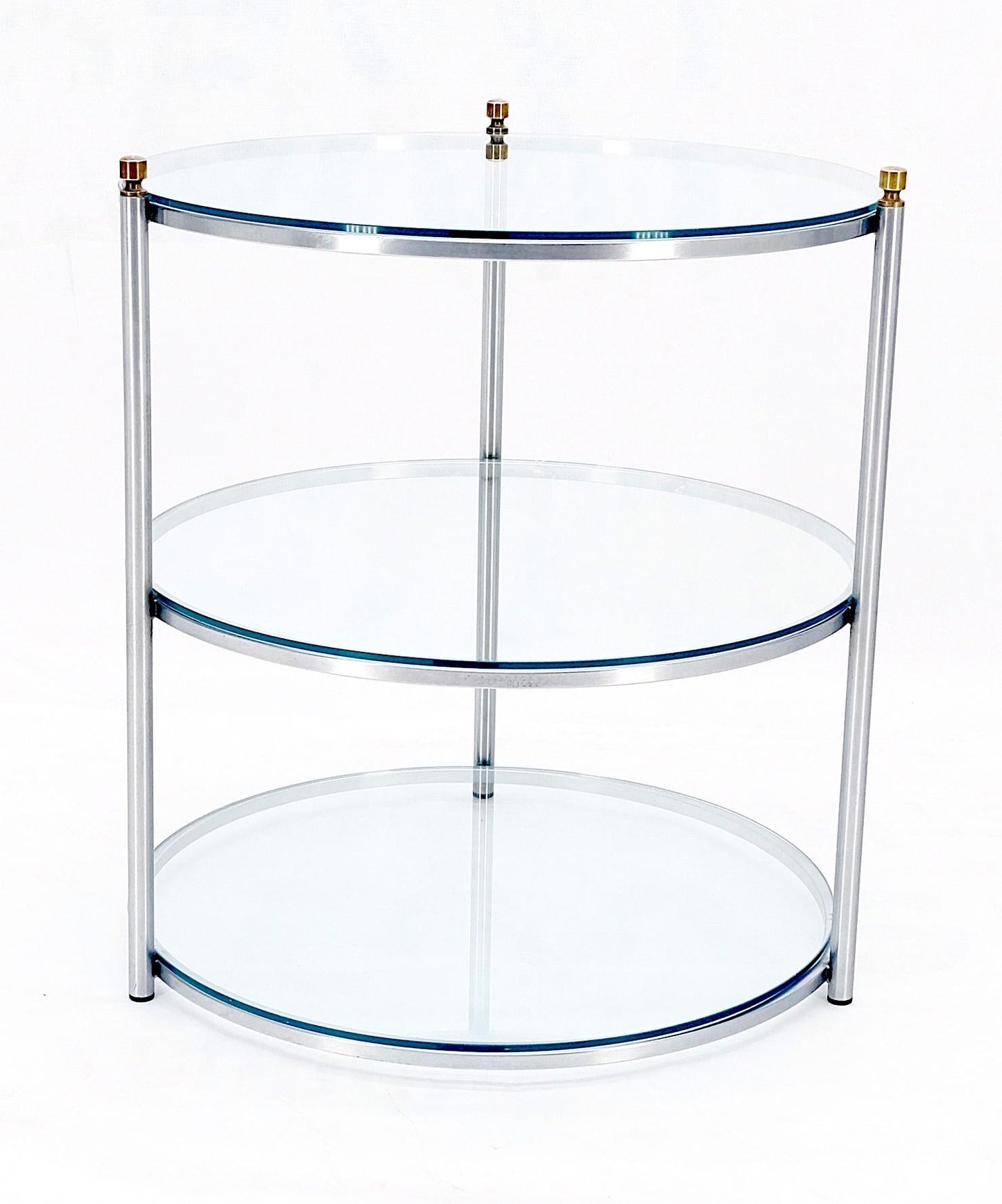 EstablishedLines Round 22' Diameter 3 Tier Glass Shelves Chrome Brass Finials Side End Table MINT