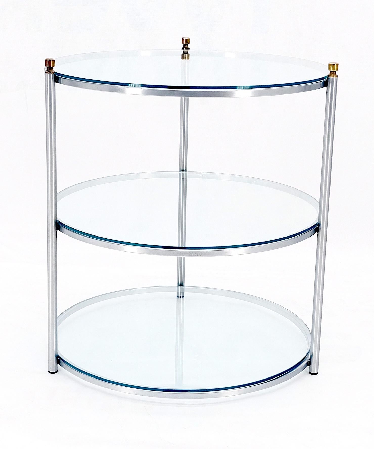 EstablishedLines Round 22' Diameter 3 Tier Glass Shelves Chrome Brass Finials Side End Table MINT